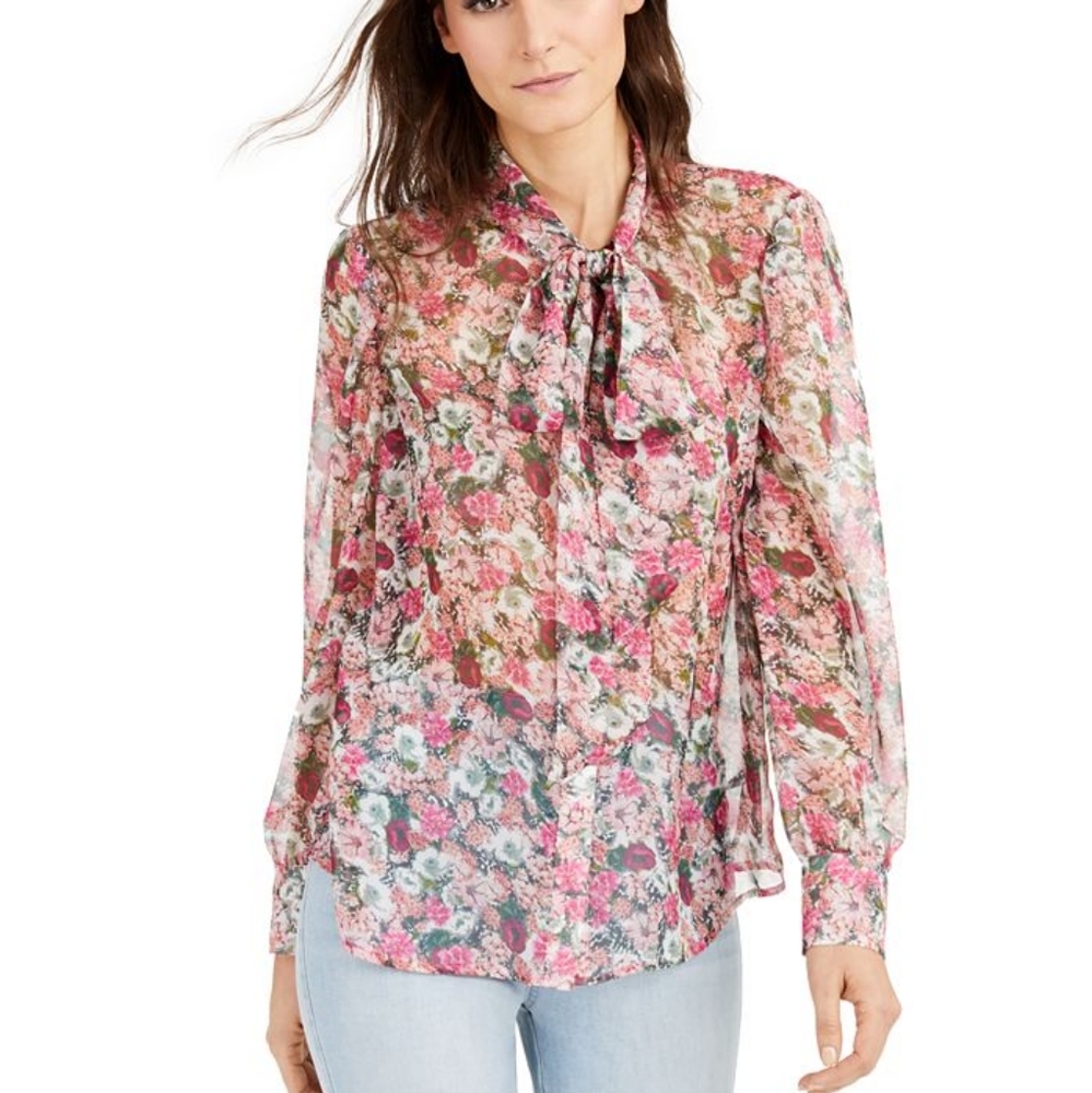 INC Floral Sheer Bow-Tie Blouse Size M